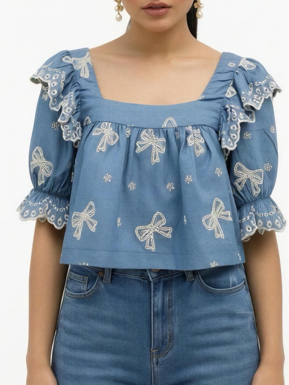 MABLE Adina Scalloped Bow Embroidered Bow Puff Sleeve Top